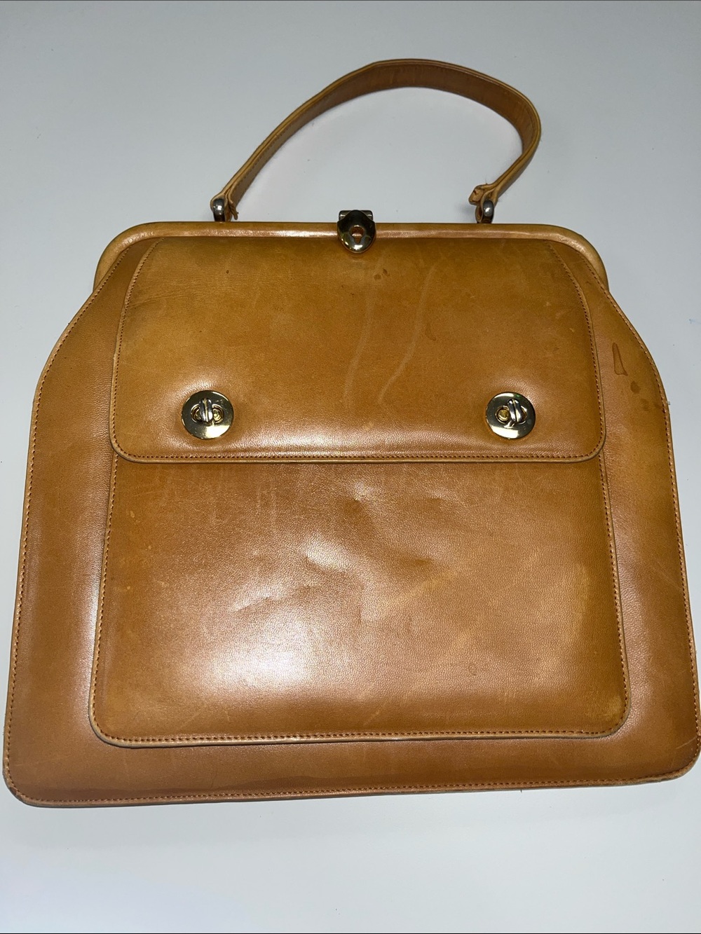 Vintage Source Unknown Caramel Brown Leather Top-Handle 2 Pocket Satchel